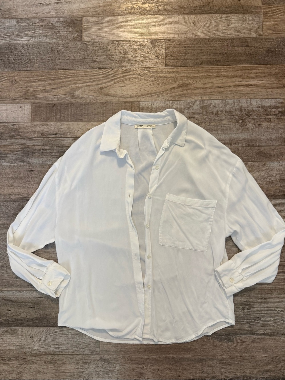Pull and Bear White Button-Up Shirt with Chest Pocket